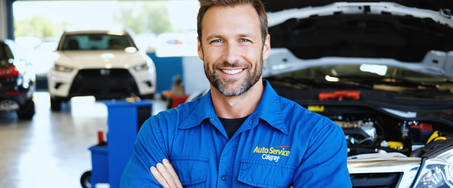Friendly Auto Technician in Calgary Garage Smiling at Customer